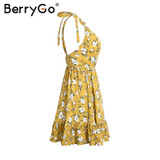 BerryGo Sexy backless print padded summer dress women Summer casual beach boho dresses V neck a-line mini short dress