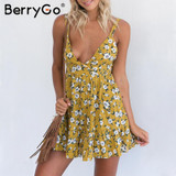 BerryGo Sexy backless print padded summer dress women Summer casual beach boho dresses V neck a-line mini short dress