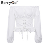 BerryGo Ruffle off shoulder lace up blouse shirt women Sexy long sleeve streetwear blouse 2017 Autumn casual female top blouse