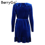 BerryGo Ruffle velvet sexy dress women Deep V sash short dress Autumn winter 2017 long sleeve wrap dress female vestido de festa