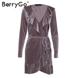 BerryGo Ruffle velvet sexy dress women Deep V sash short dress Autumn winter 2017 long sleeve wrap dress female vestido de festa
