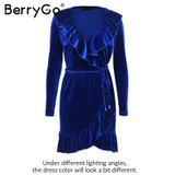 BerryGo Ruffle velvet sexy dress women Deep V sash short dress Autumn winter 2017 long sleeve wrap dress female vestido de festa