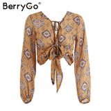 BerryGo Print v neck chiffon blouse shirt Women summer long sleeve crop top blouse 2017 Sexy streetwear bow female blouse blusas