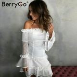 BerryGo Off shoulder ruffle lace dress women Hollow out sexy mini dress party 2018 Summer style backless white dress vestidos