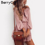 BerryGo Off shoulder long sleeve beach summer dress Short chiffon vintage dress women Ruffle sexy dress vestido de festa