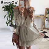 BerryGo Off shoulder long sleeve beach summer dress Short chiffon vintage dress women Ruffle sexy dress vestido de festa