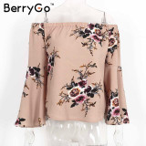 BerryGo Off shoulder chiffon blouse shirt women Sexy summer white print blouse Casual flare sleeve cool blouse