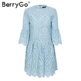 BerryGo Lace embroidery cotton mini dress women Ruffle sleeve causal white dress Hollow out spring short dress vestidos