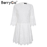 BerryGo Lace embroidery cotton mini dress women Ruffle sleeve causal white dress Hollow out spring short dress vestidos