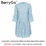 BerryGo Lace embroidery cotton mini dress women Ruffle sleeve causal white dress Hollow out spring short dress vestidos