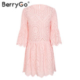 BerryGo Lace embroidery cotton mini dress women Ruffle sleeve causal white dress Hollow out spring short dress vestidos