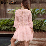 BerryGo Lace embroidery cotton mini dress women Ruffle sleeve causal white dress Hollow out spring short dress vestidos