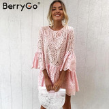 BerryGo Lace embroidery cotton mini dress women Ruffle sleeve causal white dress Hollow out spring short dress vestidos