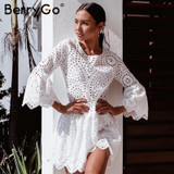 BerryGo Lace embroidery cotton mini dress women Ruffle sleeve causal white dress Hollow out spring short dress vestidos