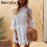 BerryGo Lace embroidery cotton mini dress women Ruffle sleeve causal white dress Hollow out spring short dress vestidos