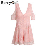 BerryGo Lace up backless sexy jumpsuit romper Summer elegant v neck white lace overall Women off shoulder button floral playsuit