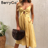 BerryGo Hollow out strap midi dress women Causal backless summer dress female Button bow white dress 2018 spring vestidos