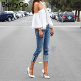 BerryGo Halter off shoulder lace blouse shirt Sexy summer 2017 hollow out women tops Soft flare sleeve white blouses blusas
