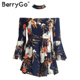 BerryGo Halter flare sleeve off shoulder jumpsuit romper Women sexy floral print short playsuit Summer beach casual overalls