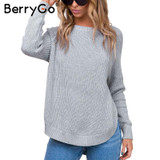 BerryGo Fashion side split knitting pullover Casual streetwear autumn winter sweater women 2017 elegant warm jumper pull femme