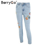 BerryGo Floral embroidery jeans woman Casual high waist jeans pants Spring light blue denim pencil pants women trousers 2018