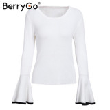 BerryGo Fashion autumn winter sweater women tops Sexy flare sleeve white knitting pullover Casual soft elastic jumper pull femme