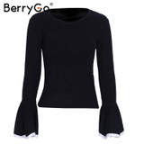 BerryGo Fashion autumn winter sweater women tops Sexy flare sleeve white knitting pullover Casual soft elastic jumper pull femme