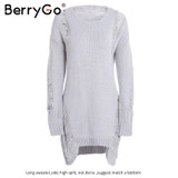 BerryGo Fashion autumn winter sweater women Sexy hollow out knitting pullover Side high split hole black jumper pull femme