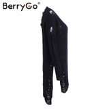 BerryGo Fashion autumn winter sweater women Sexy hollow out knitting pullover Side high split hole black jumper pull femme