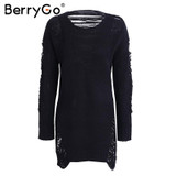 BerryGo Fashion autumn winter sweater women Sexy hollow out knitting pullover Side high split hole black jumper pull femme
