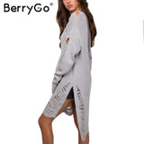 BerryGo Fashion autumn winter sweater women Sexy hollow out knitting pullover Side high split hole black jumper pull femme