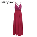 BerryGo Elegant backless satin long dress Women evening summer dress Party sexy black red maxi dresses vestidos pajamas