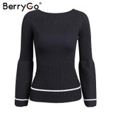 BerryGo Elegant knitted pullover sweater Women warm gray long sleeve jumper Autumn winter 2017 black knitting o neck pull femme