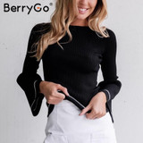BerryGo Elegant knitted pullover sweater Women warm gray long sleeve jumper Autumn winter 2017 black knitting o neck pull femme