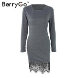 BerryGo Elegant gray bodycon sexy dress Winter evening party long sleeve lace dress Women floral tassle casual vestido de fiesta