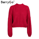 BerryGo Elegant black vintage knitted sweater Women casual long lantern sleeve jumper pullover Autumn winter loose grey sweater