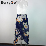 BerryGo Casual summer style beach lace backless dress Fashion sleeveless deep v neck women dresses Sexy slit print dress 2017