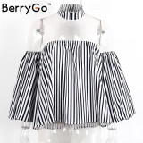 BerryGo Casual striped off shoulder blouse shirt women Loose lantern sleeve halter blouse tops Sexy backless blusas