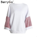 BerryGo Casual oversize white sweatshirt women jumper Fashion patchwork long sleeve pullover Spring faux fur hoodies sweatshirt