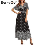 BerryGo Boho floral print chiffon split long dress Women sash wrap maxi  sexy dress Eleagnt beach summer v neck dress vestidos