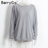 BerryGo Black off shoulder knitted sweater Women autumn elegant batwing sleeve jumper pull femme Winter casual loose pullover