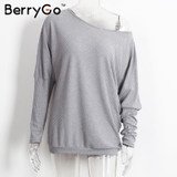 BerryGo Black off shoulder knitted sweater Women autumn elegant batwing sleeve jumper pull femme Winter casual loose pullover