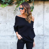 BerryGo Black off shoulder knitted sweater Women autumn elegant batwing sleeve jumper pull femme Winter casual loose pullover
