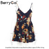 BerryGo Backless sexy bodysuit women jumpsuit romper Summer beach boho floral print overalls White chiffon playsuit leotard