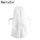 BerryGo Backless white chiffon halter jumpsuit romper Women ruffle sleeveless short playsuit Summer casual streetwear overalls