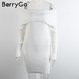 BerryGo Autumn winter off shoulder knitted bodycon dress Women sexy long sleeve party dress 2016 short white dresses vestidos