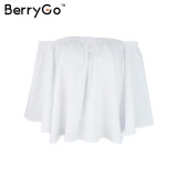 BerryGo 2016 Sexy off shoulder white blouse women Ruffle slash neck cotton shirt blouse Autumn Winter tube top tees short blusas