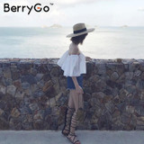 BerryGo 2016 Sexy off shoulder white blouse women Ruffle slash neck cotton shirt blouse Autumn Winter tube top tees short blusas