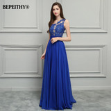 BEPEITHY Royal Blue Chiffon Long Prom Dresses 2017 One Shoulder Lace Vintage Evening Dress Vestidos De Festa