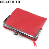BELLO TUTTI Ladies Leather Wallet Sheepskin Leather Mini Wallet Card Holder Purses Metal Wallet Frame Women Short Wallet Red